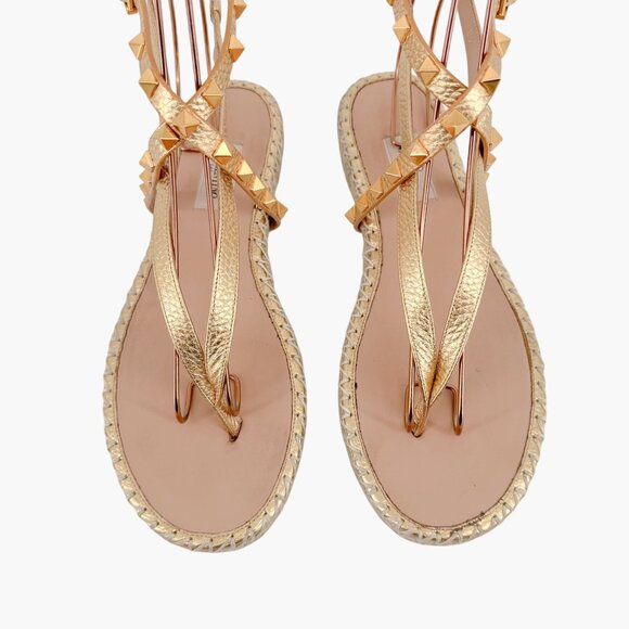 Valentino Garavani Rockstud Espadrille Thong Sandals Size 38 US 8 Gold Flat - Picture 4 of 15